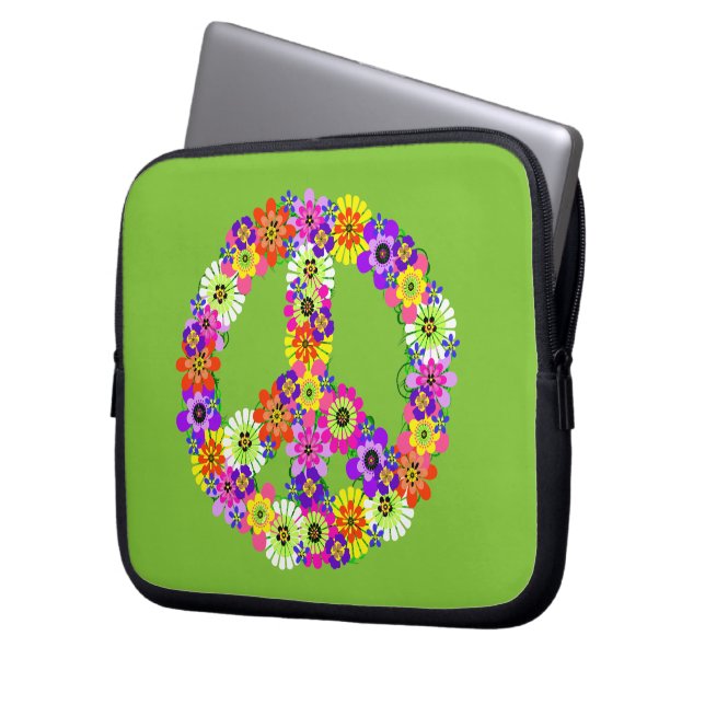 Peace Sign Floral over Lime Green Laptop Sleeve (Voorkant Links)