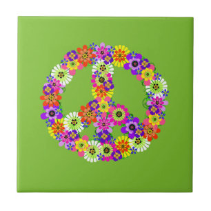 Peace Sign Floral over Lime Green Tegeltje