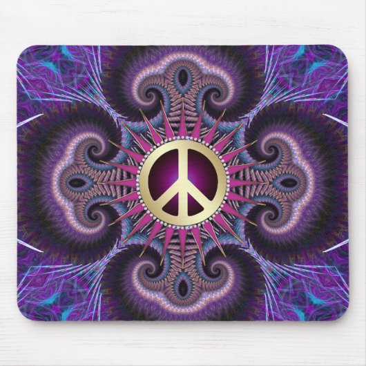 Peace Sign Groovy Fractals Paars Mousepad Muismat (Voorkant)