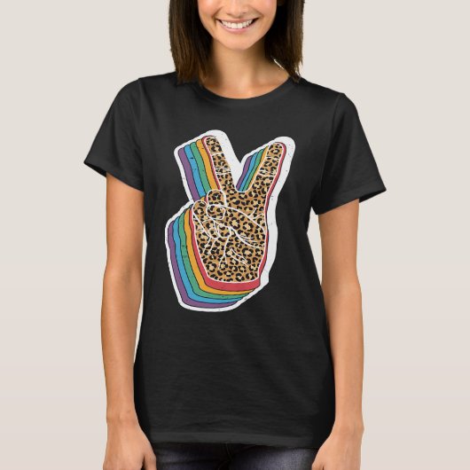 Peace Sign Hand Leopard Print Hippie T-shirt (Voorkant)
