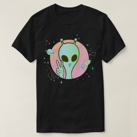 Peace Sign Hand Planet Stars UFO Cool Trippy Green T-shirt (Design voorkant)