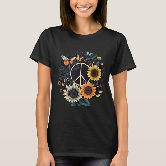 PEACE SIGN LOVE Zonnebloem Hippie T-shirt (Voorkant)