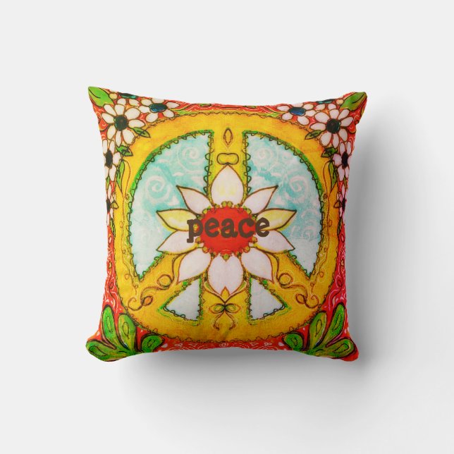 Peace Sign Pillow Daisy Love Hippie Boho Kussen (Voorkant)