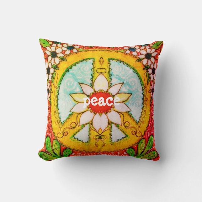 Peace Sign Pillow Daisy Love Hippie Boho Kussen (Voorkant)