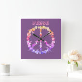 Peace sign with colorful flowers,Personalized text Vierkante Klok (Huis)