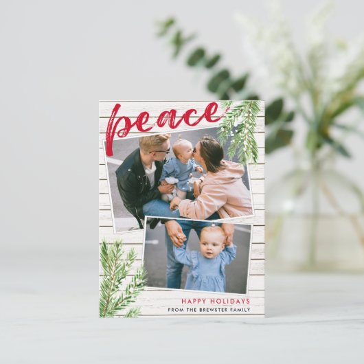 Peace, Snowy Evergreen 2 Photo Holiday Briefkaart (Staand voorkant)