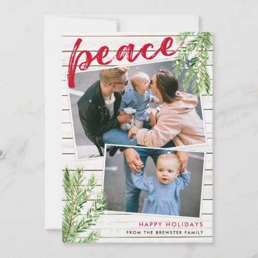 Peace, Snowy Evergreen 2 Photo Holiday Card Kaart (Voorkant)