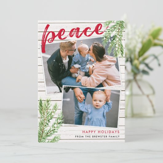Peace, Snowy Evergreen 2 Photo Holiday Card Kaart (Staand voorkant)