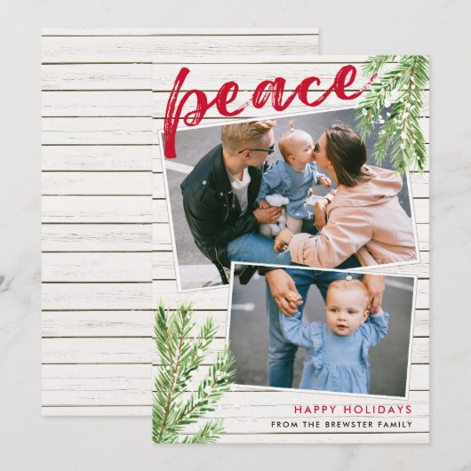 Peace, Snowy Evergreen 2 Photo Holiday Card Kaart (Voorkant / Achterkant)