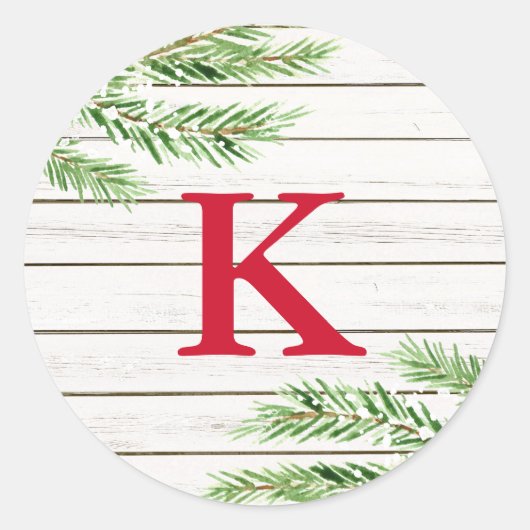 Peace, Snowy Evergreen Monogram Initiaal Ronde Sticker (Voorkant)