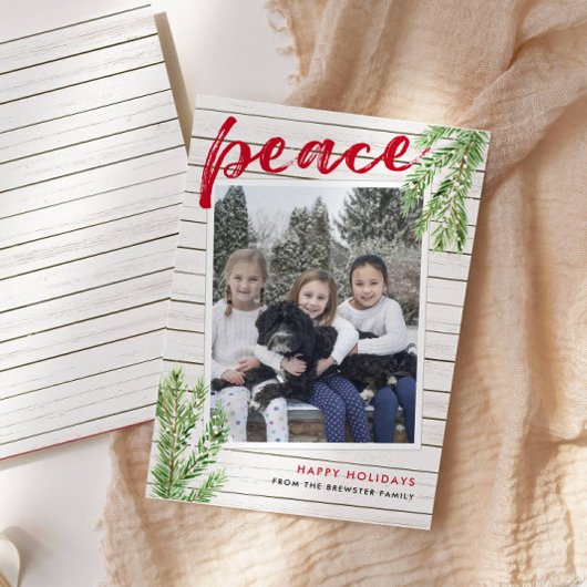 Peace, Snowy Evergreen Single Photo Holiday Card Kaart