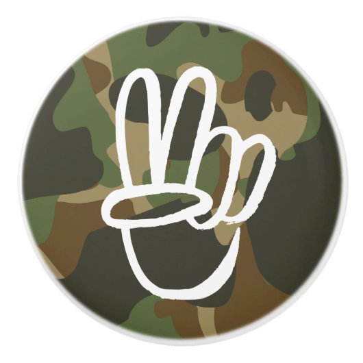 PEACE Symbool Hand V Sign Hippie Green Camouflage Keramische Knop (Voorkant)