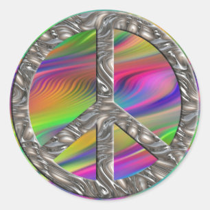 PEACE-symbool - SILVER   gekleurde golven Ronde Sticker