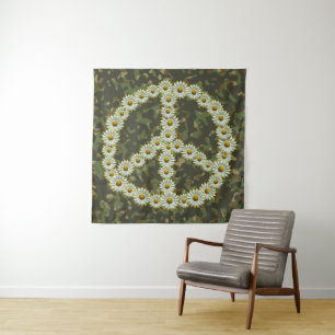 PEACE Symbool Teken - Hippie Flower Daisy Camoufla Wandkleed