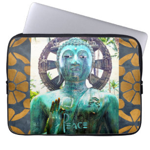 Peace Turquoise Boeddha beeld Goud mozaïek Foto Laptop Sleeve