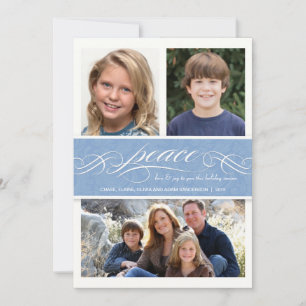 Peace Winter Blue Holiday Triple Photo Flat Card Feestdagenkaart