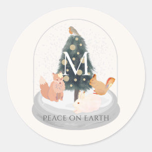 Peace Woodland Animals Sneeuw Wereldbol Monogram W Ronde Sticker