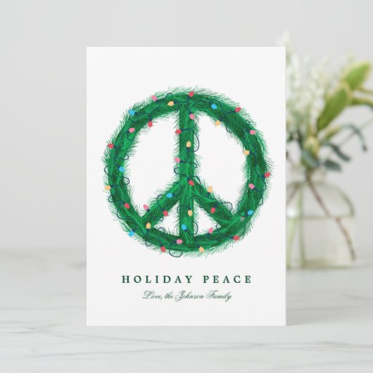 Peace Wreate met vakantieverlichting Feestdagenkaart (Staand voorkant)