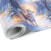 Peaceful Akita on Snow Lantern Path Christmas Dog  Cadeaupapier (Rol Hoek)
