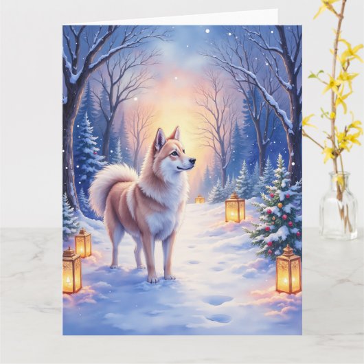 Peaceful Akita on Snow Lantern Path Christmas Dog  Kaart (Gele Bloem)