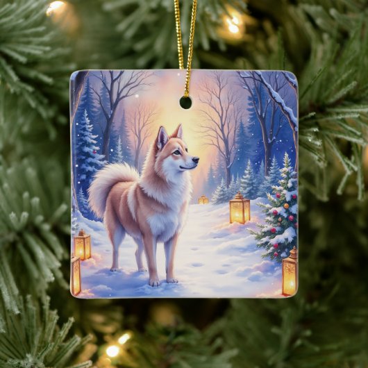 Peaceful Akita on Snow Lantern Path Christmas Dog  Keramisch Ornament (Boom)