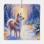 Peaceful Akita on Snow Lantern Path Christmas Dog  Keramisch Ornament (Achterkant)