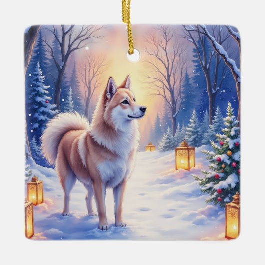 Peaceful Akita on Snow Lantern Path Christmas Dog  Keramisch Ornament (Voorkant)
