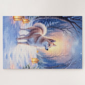 Peaceful Akita on Snow Lantern Path Christmas Dog  Legpuzzel (Horizontaal)