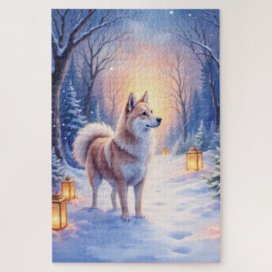 Peaceful Akita on Snow Lantern Path Christmas Dog  Legpuzzel (Verticaal)