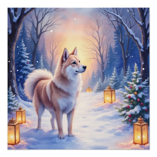 Peaceful Akita on Snow Lantern Path Christmas Dog  Perfect Poster (Voorkant)