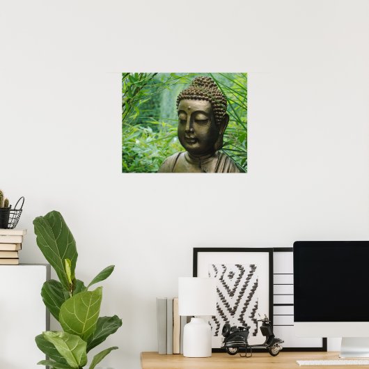 Peaceful Buddha Statue in a Leafy Green Forest Poster (Thuiskantoor)