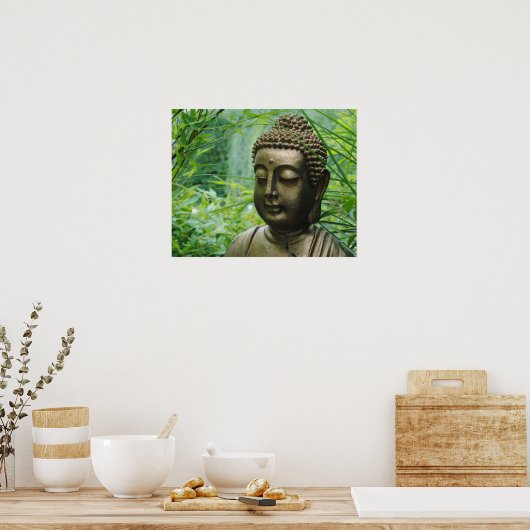 Peaceful Buddha Statue in a Leafy Green Forest Poster (Keuken)