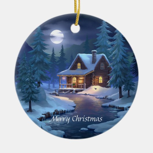 Peaceful Cabin in Winter Forest Keramisch Ornament (Voorkant)