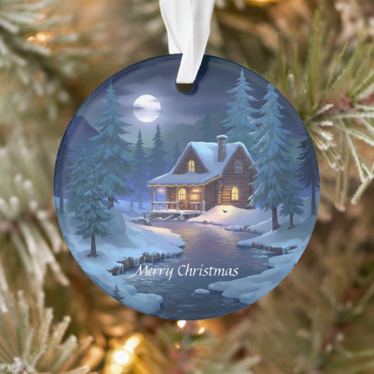 Peaceful Cabin in Winter Forest Ornament (Boom)
