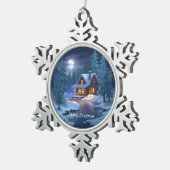 Peaceful Cabin in Winter Forest Tin Sneeuwvlok Ornament (Rechts)