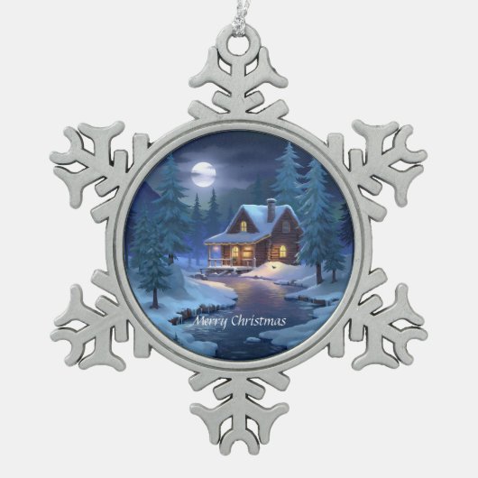Peaceful Cabin in Winter Forest Tin Sneeuwvlok Ornament (Voorkant)