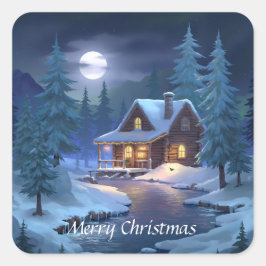 Peaceful Cabin in Winter Forest Vierkante Sticker