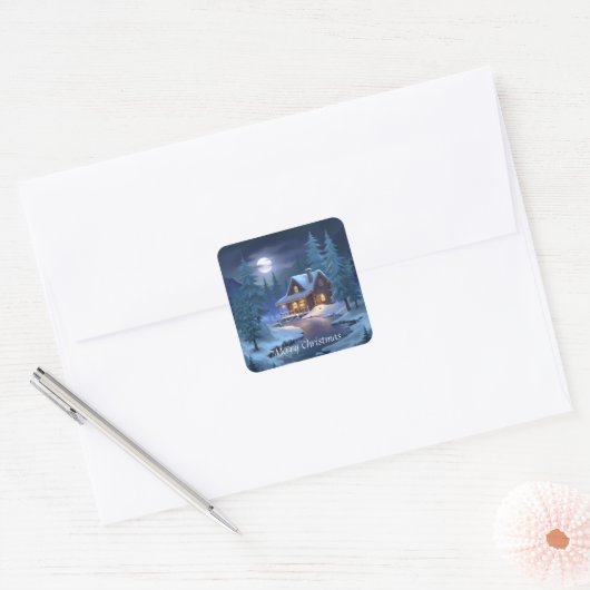 Peaceful Cabin in Winter Forest Vierkante Sticker (Envelop)
