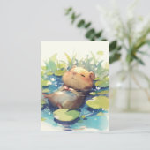 Peaceful Capybara Floating in Water Lily Pond Briefkaart (Staand voorkant)