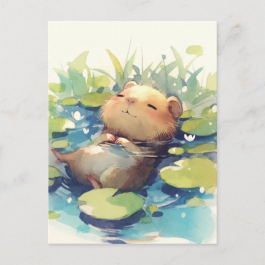 Peaceful Capybara Floating in Water Lily Pond Briefkaart (Voorkant)