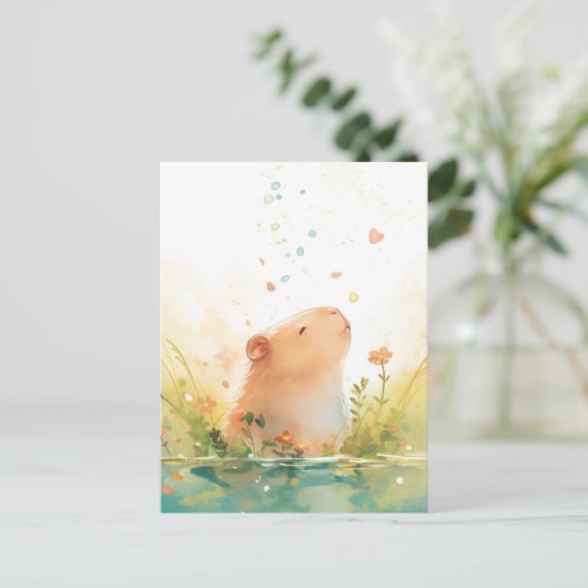 Peaceful Capybara with Heart and Falling Petals Briefkaart (Staand voorkant)