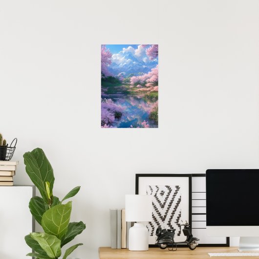 Peaceful Cherry Blossom Lake Poster (Thuiskantoor)