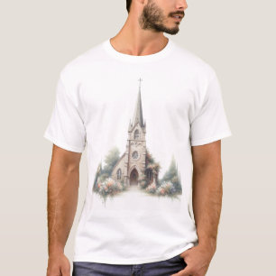 Peaceful Country Church - Watercolor with Floral A T-shirt