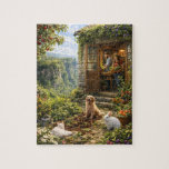 Peaceful Countryside Garden Life Legpuzzel<br><div class="desc">Experience the beauty of a peaceful countryside moment with this charming puzzle design. A cozy vine-covered cottage sits beside a colorful garden filled with blooming flowers, while a couple enjoys tending their plants inside. In the garden, a loyal dog, a white cat, and a gentle rabbit rest among the greenery,...</div>