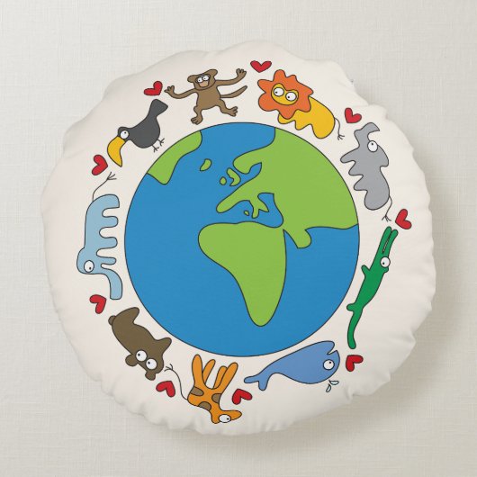 Peaceful Cute Cartoon Animals over de hele wereld Rond Kussen (Achterkant)
