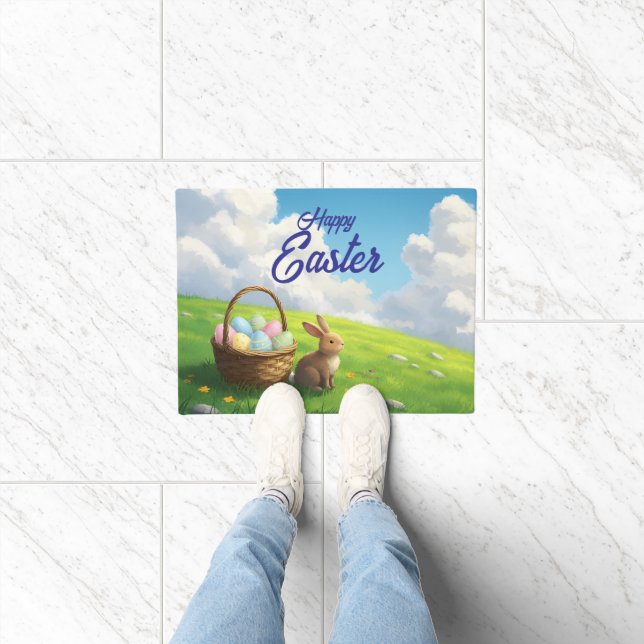 Peaceful Easter Spring Meadow Bunny & Egg Basket Deurmat (Binnen)