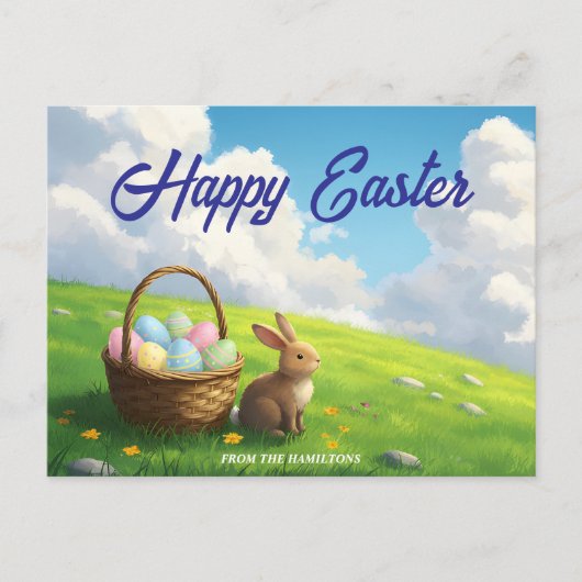 Peaceful Easter Spring Meadow Bunny & Egg Basket Feestdagenkaart (Voorkant)