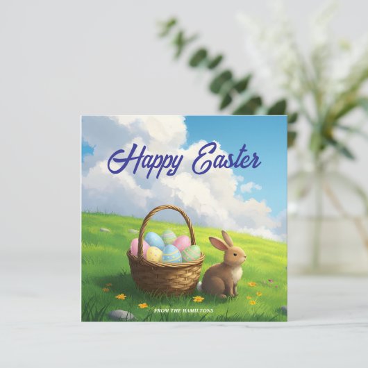 Peaceful Easter Spring Meadow Bunny & Egg Basket Feestdagenkaart (Staand voorkant)
