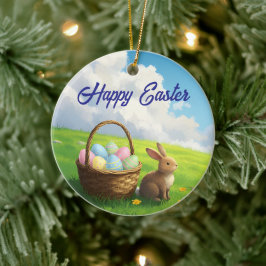 Peaceful Easter Spring Meadow Bunny & Egg Basket Keramisch Ornament