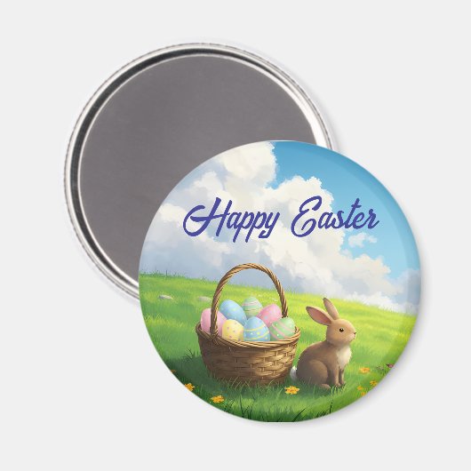 Peaceful Easter Spring Meadow Bunny & Egg Basket Magneet (Voorkant / Achterkant)